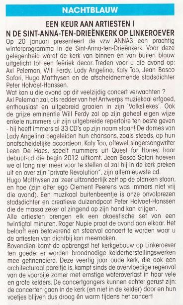 ANNA3 in de pers | Huis aan Huis | 11 januari 2012 | Nachtblauw | Een keur aan artiesten in de Sint-Anna-ten-Drieenkerk
